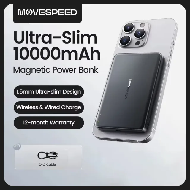 MOVESPEED S10 맥세이프 보조배터리 10000mAh 고PD20W 유선 속충전 파워뱅크 슬림 휴대용 무선보조베터리 아이폰 16 15 14 13 12 시리즈 삼성 S24용 보조 배터리